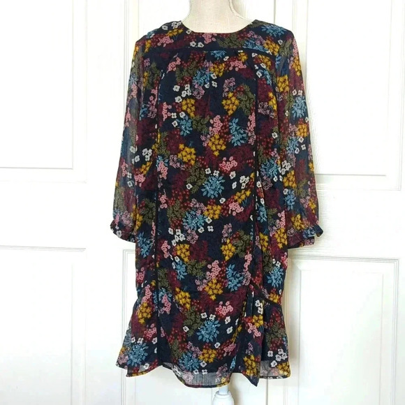 Loft Navy Colorful Wildflower Floral Long Sleeve Mini Shift Dress - Picture 5 of 10
